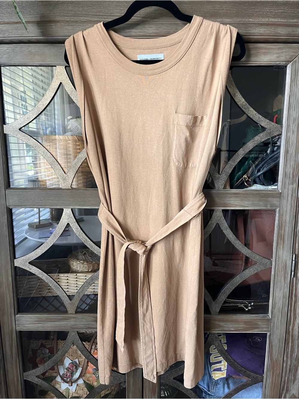 Citizens of Humanity Sleeveless Crewneck T-Shirt Dress in Taupe with Tie Waist